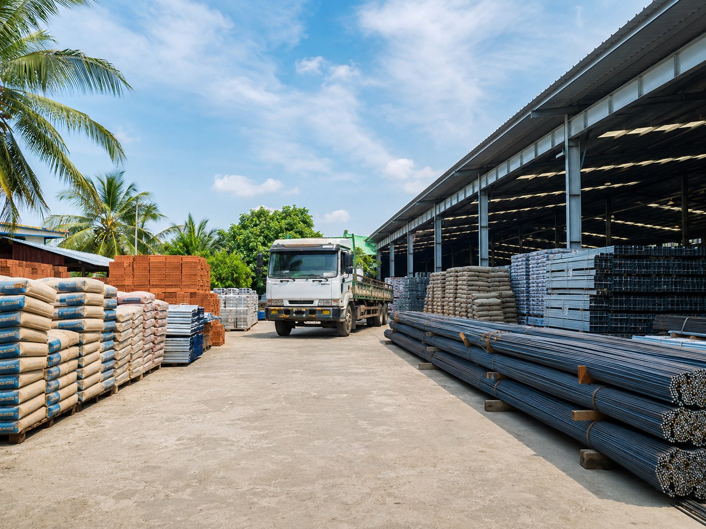 Kho vật liệu xây dựng và hoạt động giao hàng của VLXD Hoàng Bảo